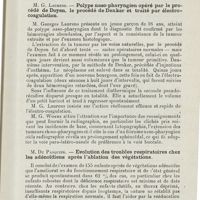 0824 - Page 823 - Sociétés savantes. Société d'oto-rhino-laryngologie de Paris. Jeudi 11 février 1926. Disbury. - Observation d'une migraine guérie / M. G. Laurens. - Polype naso-pharyngien opéré par le procédé de Doyen, le procédé de Denker et traité par électro-coagulation / M. Du Pasquier. - Evolution des troubles respiratoires chez les adénoïdiens après l'ablation des végétations
