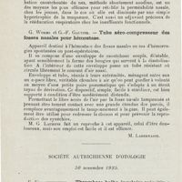 0825 - Page 824 - Sociétés savantes. Société d'oto-rhino-laryngologie de Paris. Jeudi 11 février 1926. M. Du Pasquier. - Evolution des troubles respiratoires chez les adénoïdiens après l'ablation des végétations / G. Worms et G.-F. Gautier. - Tube aéro-compresseur des fosses nasales pour hémostase / Société autrichienne d'otologie. 30 novembre 1925