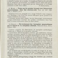 0878 - Page 877 - Revue analytique (Ouvrages, thèses et articles). Samajunow (S.-F.). - Un cas de membrane congénitale dans l'espace sous-glottique. Journal (russe) des maladies de l'oreille, du nez et de la gorge... [S. Kompagneetz] / D. Munro. - Trois cas de spasme laryngé avec hémorragie intracranienne, chez des nouveau-nés. Ann. of. otol... / Le Quellec. - Du traitement des laryngites spasmodiques par le chloral et la morphine alternés. Thèse de Paris, Jouve, éditeur, 1925