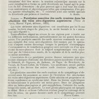 0886 - Page 885 - Revue analytique (Ouvrages, thèses et articles). Curehad. - Goitre et diverticule oesophagien. Revue de Laryngologie... [A. Aubin] / Samama. - Paralysies associées des nerfs craniens dans les affections des voies aéro-digestives supérieures (Thèse de Paris, Marcel Vigné, éditeur, 1925) / Aubriot. - Syndrome paralytique d'étiologie insolite intéressant les quatre derniers nerfs craniens. Revue oto-neuro-oculistique...