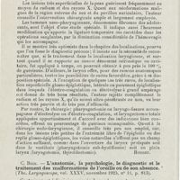 0893 - Page 892 - Revue analytique (Ouvrages, thèses et articles). Zambrini. - Le cancer en oto-rhino-laryngologie. Revista medica latino-americana... [Rouget] / C. Beck. - L'anatomie, la psychologie, le diagnostic et le traitement des malformations de l'oreille ou de son absence. (The Laryngoscope...)