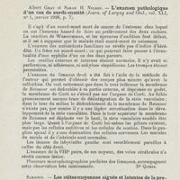 0895 - Page 894 - Revue analytique (Ouvrages, thèses et articles). P. Camus. - Le traitement de l'otite externe furonculeuse par le bactériophage. Thèse Paris, 1926 / Albert Gray et Sarah H. Nelson. - L'examen pathologique d'un cas de surdi-mutité (Journ. Of Laryng and Otol...) [Dr Quirin] / Sargnon. - Les otites moyennes aiguës et latentes de la première enfance. Journal de médecine de Lyon...