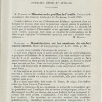 1004 - Page 1003 - Revue analytique (Ouvrage, thèses et articles). A. Flurian. - Hématome du pavillon de l'oreille. Gazette hebdomadaire des sciences médicales de Bordeaux... [M. Buneau] / Gaillard. - Considérations sur les exostoses du conduit auditif externe. Revue de laryngologie... [A. Aubin]