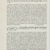 1007 - Page 1006 - Revue analytique (Ouvrage, thèses et articles). Wolochine (I.-P). - Sur la direction du courant du sang dans la vena emissaria mastoidea. Journal (russe) des maladies de l'oreille, du nez et de la gorge... [S. Kompagneetz] / Oundritz. (W.-F.) - Sur l'influence de la ligature de la veine jugulaire sur la thrombose expérimentale des sinus. Journal (russe) des maladies de l'oreille, du nez et de la gorge... [S. Kompagneetz] / Fr. Pontoppidan. - Les greffes cutanées après l'évidement de l'oreille. Acta Oto-Laryngologica...