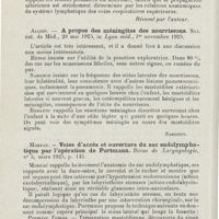 1009 - Page 1008 - Revue analytique (Ouvrage, thèses et articles). A. Sercer. - Contribution à l'étude du sclérome. Acta Oto-Laryngologica... / Alloin. - A propos des méningites des nourrissons. Soc. nat. de méd..., in Lyon méd... [Sargnon] / Moreau. - Voies d'accès et ouverture du sac endolymphatique par l'opération de Portmann. Revue de laryngologie...