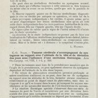 1011 - Page 1010 - Revue analytique (Ouvrage, thèses et articles). C. Henner... - Chute provoquée dans l'épreuve de Barany, signe précieux pour le diagnostic d'une lésion cérébelleuse. Revue oto-neuro-oculistique... [L. Halphen] / C.-O. Nylen. - Tumeur cérébrale s'accompagnant de nystagmus en rapport avec l'attitude de la tête et de déviation des yeux sous l'influence d'une excitation thermique. Acta Oto-Laryng...