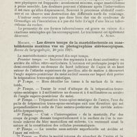 1015 - Page 1014 - Revue analytique (Ouvrage, thèses et articles). Aloin. - Les formes douloureuses et le syndrome de Gradenigo dans la tuberculose de l'oreille. Revue de laryngologie... [A. Aubin] / Mouret. - Les divers temps de la mastoïdectomie ou mastoïdotomie maxima vus en photographies stéréoscopiques. Revue de laryngologie...