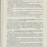 1016 - Page 1015 - Revue analytique (Ouvrage, thèses et articles). Mouret. - Les divers temps de la mastoïdectomie ou mastoïdotomie maxima vus en photographies stéréoscopiques. Revue de laryngologie... [A. Aubin] / M. Guggenheim. Un cas de pneumo-mastoïde. Laryngoscope... [A. Quirin] / C. Eves. - Le diagnostic de la thrombose du sinus latéral. Annals of Otol...