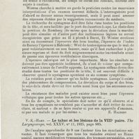 1023 - Page 1022 - Revue analytique (Ouvrage, thèses et articles). Winter. - Les causes d'erreur dans les examens vestibulaires. Paris médical... [E. Halphen] / V.-K.-Hart. - Le tabac et les lésions de la VIIIe paire. The Laryngoscope...