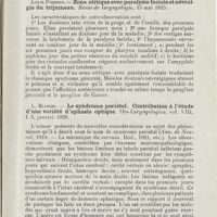 1024 - Page 1023 - Revue analytique (Ouvrage, thèses et articles). V.-K.-Hart. - Le tabac et les lésions de la VIIIe paire. The Laryngoscope... [Quirin] / Louis Poisson. - Zona otitique avec paralysie faciale et névralgie du trijumeau. Revue de laryngologie... / L. Bianchi. - Le syndrome pariétal. Contribution à l'étude d'une variété d'aphasie optique. Oto-Laryngologica...
