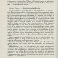 1108 - Page 1108 - Sociétés savantes. IVe Congrès roumain d'oto-rhino-laryngologie. Bucarest, 25, 26 octobre 1925. Predescu-Rion. - Contribution à la genèse de l'angine de Vincent / Schiller Brailo. - Aphonie post-grippale / Solomoirci-Jasi. - Corps étranger très rare du larynx