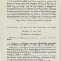 1114 - Page 1114 - Sociétés savantes. IVe Congrès roumain d'oto-rhino-laryngologie. Bucarest, 25, 26 octobre 1925. Tatarsky. - Fonctions incrétoires et sécrétoires des glandes amygdaliennes et des végétations adénoïdes du nasopharynx / Société de laryngologie des hôpitaux de Paris. Séance du 10 mars 1926. H. Bourgeois. - Zona cervical avec hémiplégie vélo-palatine. Soulagement rapide des douleurs par la diathermie
