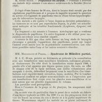 1147 - Page 1147 - Sociétés savantes. Société de laryngologie des hôpitaux de Paris. Séance du 14 avril 1926. M. Baldenweck. - Présentation d'un appareil destiné à étudier le nystagmus opto-cinétique / M. André Bolch. - Papillome du larynx / MM. Moulonguet et Perier. - Syndrome de Mikulicz partiel