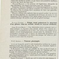 1202 - Page 1202 - Sociétés savantes. Société royale de médecine. Section de laryngologie. Séance du 4 décembre 1925. G.-J. Wright. - Instrumentation pour l'utilisation de la diathermocoagulation dans l'oesophage / Douglas Guthrie. - Polype nasal présentant la structure d'un gliome chez un malade atteint de tumeur cérébrale / N.-E. Kendall. - Tumeur pharyngée