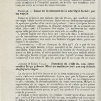 1204 - Page 1204 - Sociétés savantes. Société d'oto-rhino-laryngologie de Paris. 20 mai 1926. Egger. - Question sur un signe diagnostique de la sinusite maxillaire / Didsbury. - Essai de traitement de la névralgie faciale par un vaccin / Jacques et Julien Vialle. - Furoncle de l'aile du nez. Intervention large précoce. Mort au septième jour par septicémie staphylococcique