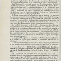 1212 - Page 1212 - Revue analytique (Ouvrages, thèses et articles). De Parrel : O.-R.-L. - Documents pour les praticiens. Maloine, édit., 1926 / Vincenzo Palumbo. - Etude de la sensibilité tactile des téguments de l'oreille externe et des zones péri-auriculaires au moyen de l'esthésiomètre. Archivio italiano di otol... / Papale. - Plis muqueux de l'oreille moyenne et arrêt du développement embryonnaire. Arch. ital. d'otologie...