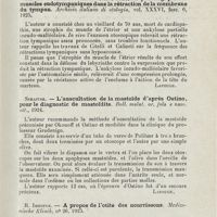 1213 - Page 1213 - Revue analytique (Ouvrages, thèses et articles). Papale. - Plis muqueux de l'oreille moyenne et arrêt du développement embryonnaire. Arch. ital. d'otologie... [Lapouge] / Papale. - Contribution à l'étude anatomo-pathologique des muscles endotympaniques dans la rétraction de la membrane du tympan. Archivio italiano di otologia... [Lapouge] / Serafino. - L'auscultation de la mastoïde d'après Ostino, pour le diagnostic de mastoïdite. Boll. malat. or. fola e naso. ott... [Lapouge] / R. Imhofer. - A propos de l'otite des nourrissons. Medizinische Klinik...