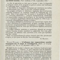 1217 - Page 1217 - Revue analytique (Ouvrages, thèses et articles). F.-H.-B. Norrie. - Le traitement de l'hypertrophie congestive des cornets. Journ. of. Laryng... [Quirin] / P. Cornet. - Signification clinique des polypes muqueux des fosses nasales, Paris médical... [E. Halphen] / Watson-Williams. - L'influence des suppurations nasales chroniques sur le corps et l'intelligence. Journ. of Laryng. and Otol...