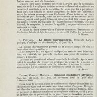 1218 - Page 1218 - Revue analytique (Ouvrages, thèses et articles). Watson-Williams. - L'influence des suppurations nasales chroniques sur le corps et l'intelligence. Journ. of Laryng. and Otol... [Dr Qurin] / G. Portmann. - Le sinuso-pharyngoscope. Revue de laryngologie, d'otologie et de rhinologie... [A. Aubin] / Delore, Combe et Mounier. - Sinusite maxillaire atypique. Soc. nat. de méd. de Lyon... in Lyon méd... [Dr Sargnon] / Lévesque. - Empyème frontal fermé. Annales des mal. de l'or...