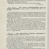 1220 - Page 1220 - Revue analytique (Ouvrages, thèses et articles). Bourguet. - L'évidement anatomique et méthodique de l'ethmoïde antérieur par voie nasale et avec drainage du sinus frontal par agrandissement de son orifice. O. R. L. intern... [Dr Sargnon] / R.-A. Fenton. - Les vaccins coccihémolytiques dans les sphéno-ethmoïdites. Annals of Otol... / Moulines. - Les suppurations oculaires consécutives à l'empyème frontal. Thèse Lyon, 1925