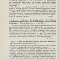 1222 - Page 1222 - Revue analytique (Ouvrages, thèses et articles). G. Coulet. - Quelques considérations sur les sinusites postérieures. Revue de laryngologie... [A. Aubin] / G. Portmann et P. Pesme. - La névrite optique rétro-bulbaire par ethmoïdo-sphénoïdite ; son aspect clinique, ses caractères particuliers. Revue de laryngologie... [A. Aubin] / Negrié. - Deux cas de complications orbitaires de sinusites. Revue de laryngologie...