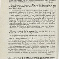 1224 - Page 1224 - Revue analytique (Ouvrages, thèses et articles). Emile Thibaudet. - A propos du tamponnement post-opératoire consécutif aux interventions endonasales. Revue de laryngologie... [A. Aubin] / Gate, Gaillard et Bertoin. - Un cas de bismuthite à type d'angine de Vincent. Soc. méd. des... in Lyon méd... [Sargnon] / Michon. - Abcès de la langue. Soc. nat. de méd. de Lyon... in Lyon méd... [Sargnon] / J.-A. Souchlt. - A propos d'un cas de cancer de la langue traité par l'association chirurgie et radiothérapie profonde. Revue de laryngologie...