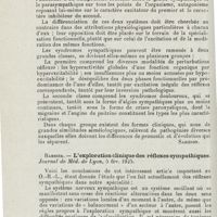 1238 - Page 1238 - Revue analytique (Ouvrages, thèses et articles). Bard. - Les données générales de la pathologie du sympathique. Journ de Lyon... [Sargnon] / Barbier. - L'exploration clinique des réflexes sympathiques. Journal de méd. de Lyon...