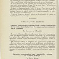 0096 - Page 96 - Congrès. XLe Congrès français d'oto-rhino-laryngologie (Paris, 17-20 octobre 1927). Deuxième question : Indications thérapeutiques dans la tuberculose laryngée / Communications diverses. Phlegmon antéro-pharyngien de la loge glosso-thyro-épiglottique avec oedème du larynx. Opération par les voies naturelles. Guérison. Par Constantin... / Quelques considérations sur l'anesthésie générale au chlorure d'éthyle. Par Gault...