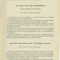 0103 - Page 103 - Congrès. XLe Congrès français d'oto-rhino-laryngologie (Paris, 17-20 octobre 1927). Communications diverses. Un cas de mort chez un diabétique au cours d'une angine herpétique. Par Colleville... / La suture de la loge amygdalienne (Instrumentation et technique). Par Jean Tarneaud... / Asymétrie vélo-palatine dans l'hémiplégie linguale. Par Lafite Dupont...