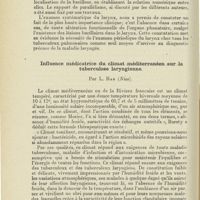 0110 - Page 110 - Congrès. XLe Congrès français d'oto-rhino-laryngologie (Paris, 17-20 octobre 1927). Communications diverses. L'examen systématique du larynx chez les tuberculeux pulmonaires. Par Ferrando... / Influence médicatrice du climat méditerranéen sur la tuberculose laryngienne. Par L. Bar...