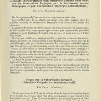 0111 - Page 111 - Congrès. XLe Congrès français d'oto-rhino-laryngologie (Paris, 17-20 octobre 1927). Communications diverses. Influence médicatrice du climat méditerranéen sur la tuberculose laryngienne. Par L. Bar... / Résultats thérapeutiques bien différents obtenus dans deux cas de tuberculose laryngée par le traitement actino-thérapeutique et par l'association chirurgie-actinothérapie. Par J.-A. Souchet... / Notes sur la tuberculose laryngée. Résultats éloignés du traitement actif. Par Frey...