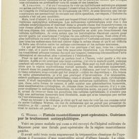 0198 - Page 198 - Société de laryngologie des hôpitaux de Paris. Séance du 9 novembre 1927. G. Worms. - Epithélioma mélanique de la région auriculaire. Exérèse. Cicatrisation rapide d'une large plaie post-opératoire atone par les rayons ultra-violets / G. Worms. - Fistule mastoïdienne post-opératoire. Guérison par le traitement antisyphilitique