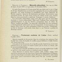0908 - Page 896 - Revue analytique (Ouvrages, thèses et articles). Net et sinus de la face. Rebattu et Parthiot. - Lupus nasal et radiumthérapie (Soc. nat. de méd. de Lyon..., in Lyon méd....) [Dr Sargnon] / Rebattu et Parthiot. - Mucocèle ethmoïdale (Soc. nat. de méd. de Lyon..., in Lyon méd....) [Dr Sargnon] / Harvier. - Traitement moderne de l'ozène (Paris médical...) [E. Halphen]