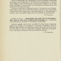 1036 - Page 1024 - Revue analytique (Ouvrages, thèses et articles). Larynx. Aurelio di Core. - L'oeuvre du laryngologiste dans le dispensaire antituberculeux. Soc. napolitaine anti-tuberculeuse, Giornale di Tisiologia... [Dr Sargnon] / Aurelio di Core. - Association des sels d'or et de tuberculine dans la cure de la tuberculose laryngée. Soc. napolitaine anti-tuberculeuse ; Giornale di Tisiologia... [Dr Sargnon]