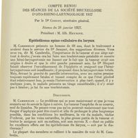 1205 - Page 1193 - Sociétés savantes. Compte rendu des séances de la Société bruxelloise d'oto-rhino-laryngologie 1927. Par le Dr Coelst... Séance du 28 janvier 1927 / Epithélioma spino-cellulaire du larynx / A propos d'une affection du larynx déjà présentée
