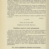 1208 - Page 1196 - Sociétés savantes. Compte rendu des séances de la Société bruxelloise d'oto-rhino-laryngologie 1927. Par le Dr Coelst... Séance du 28 janvier 1927. Traitement nouveau de la surdité par le bougirage diathermique / Séance du 25 mars 1927 / Erythème nasal de cause insoupçonnée / Un cas de syphilis du pharynx et du larynx