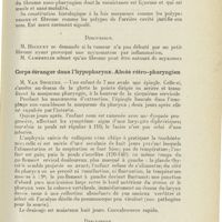 1223 - Page 1211 - Sociétés savantes. Compte rendu des séances de la Société bruxelloise d'oto-rhino-laryngologie 1927. Par le Dr Coelst... Séance du 27 octobre 1927. Fibromyxome naso-pharyngien / Corps étranger dans l'hypopharynx. Abcès rétro-pharyngien