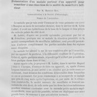 0026 - Page 19 - Les dents des français par M. P. Dubois (À suivre) / Présentation d’un malade porteur d’un appareil pour remédier à une résection de la moitié du maxillaire inférieur par M. Maurice Roy