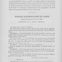 0147 - Page 132 - Granulome intra-alvéolaire constaté peu de jours après une extraction. Suppuration peristante et petites hémorragies. Sequestration peu volumineux du fond de l'alvéole. Irrigations antiseptiques. Enlèvement des séquestres. Guérison. Par R. Heidé / Société d’odontologie de Paris. Séance du mardi 4 février 1890