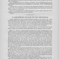 0064 - Page 56 - Chronique professionnelle. Vote d’une subvention à l’école dentaire de Paris par le conseil général de la Seine. Séance du lundi 29 décembre 1890 / L’anesthésie locale et les dentistes