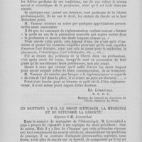 0514 - Page 454 - Chronique professionnelle. Notice / Chronique professionnelle. Le droit et la réglementation / Un dentiste a-t-il le droit d'étudier la médecine et de défendre la liberté ?