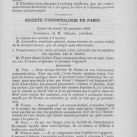 0591 - Page 523 - De l'action des solutions acides et alcalines faibles sur les ciments dentaires par M. E. Douzillé / Société d’odontologie de Paris. Séance du mardi 10 novembre 1891. Présentation d’un petit appareil pour faciliter les pansements des racines, par M. Frantz