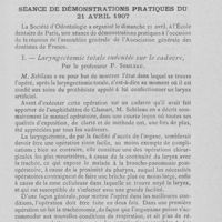 0380 - Page 373 - Sociétés scientifiques. Société d’odontologie de Paris - Séance de démonstrations pratiques du 21 avril 1907. Laryngectomie totale exécutée sur le cadavre, par le professeur P. Sebileau