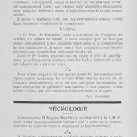 0064 - Page 63 - Réunions et congrès. Association générale des dentistes de Belgique Paul Housset. 25e anniversaire de la fondation. Bruxelles, 12, 13, 14, 15 novembre 1921 / Nécrologie
