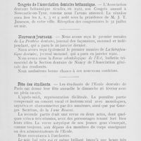 0197 - Page 197 - Nouvelles. Visite à l’Ecole dentaire de Paris / Congrès à l’Association dentaire britannique / Nouveaux journaux / Fête des étudiants / A l’Association générale des étudiants de Paris