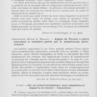0360 - Page 360 - Revue analytique. Ch. Bennejeant. — Les montures métalliques des dents minérales (Revue de stomatologie, 1920) / Lereboullet, Marie et Brizard. — Angine de Vincent à allure nécrotique et extensive guérie par le néosalvarsan intraveineux (Société de Pédiatrie Paris, 24 mai 1921) / Guizez. — Sur un nouvel anesthésique local complètement dépourvu de toxicité : l'atoxodyne. (Société des Chirurgiens de Paris, 29 avril 1921)