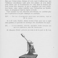 0435 - Page 435 - Réunions et congrès. Association française pour l’avancement des sciences. Congrès de Rouen (1921) (Suite et fin). XILa nécessité de la radiographie en art dentaire spécialement en dentisterie opératoire. XIIL’emploi des matrices en celluloïd pour la reconstruction partielle et même totale des dents avec les ciments au silicate, avec présentation de patients, par Ch. Guebel / XIUn cas d’anomalies dentaires multiples, par le Dr A. Audy. / XL’auto-fronde, nouvel appareil pour couler les métaux précieux, par M. Collignon