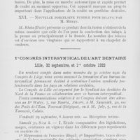 0436 - Page 436 - Réunions et congrès. Association française pour l’avancement des sciences. Congrès de Rouen (1921) (Suite et fin). XL’auto-fronde, nouvel appareil pour couler les métaux précieux, par M. Collignon / XVNouvelle porcelaine fusible pour inlays, par M. Rhein / 1er congrès intersyndical de l’art dentaire. Lille, 30 septembre, et 1er octobre 1922