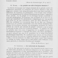 0620 - Page 618 - Revue analytique. Fargin-Fayolle. — La pelade dentaire (Revue de Stomatologie, 1920) / M. Morel. — La pelade est-elle d'origine dentaire ? (Thèse de Bordeaux, 1920) / H. Lefebvre. — Le tubercule de Carabelli (Thèse de Paris, 1920)