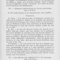 0629 - Page 627 - Sociétés scientifiques. Societe d’Odontologie de Paris. Réunion du 3 janvier 1921. Un cas d’ankylose temporo-maxillaire traité et guéri par une méthode chirurgico-prothétique par le Dr Chenet / Quelques observations de kystes dentifères par le Dr Roy / Les méfaits des arsenicaux en art dentaire, par le Dr Solas